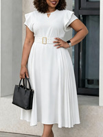 Robe midi plissée à manches volantées avec ceinture et col en V pour le bureau, vente en gros, marque privée personnalisée, OEM