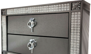 Table de chevet moderne style glamour, écologique, avec poignées en nickel, pieds coniques, garniture en acrylique, finition grise, meubles de chambre à coucher - Product Image 3