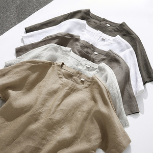 Vêtements de nuit pour femmes japonaises non imprimés pyjamas de couleur unie chemisier à manches courtes pyjama en <span class=keywords><strong>lin</strong></span> haut femmes T-shirt - Product Image 1