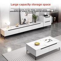 Meuble TV blanc de luxe léger avec plateau en marbre, table basse moderne pour salon, combinaison de meubles avec tiroirs et compartiments, structure en bois massif pour petits espaces