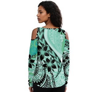 Blusas hawaianas verdes elegantes diarias de talla grande para mujer, camisa y blusa sexy tribal Polinesia con hombros descubiertos, camisetas personalizadas - Product Image 2