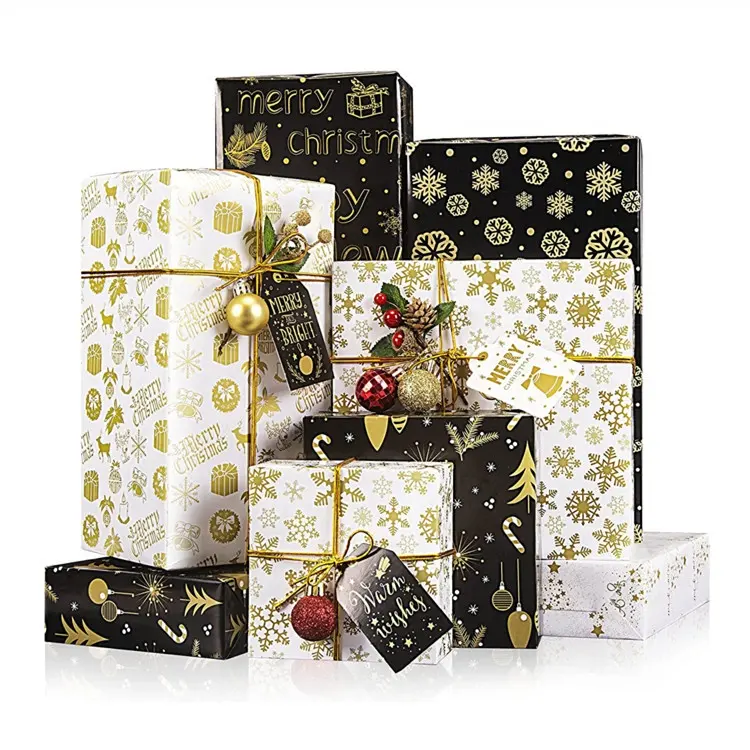 Eco- friendly gift wrapping paper for occasions rolled pack/flat pack black and gold 50x70cm holiday gift wraps sheets