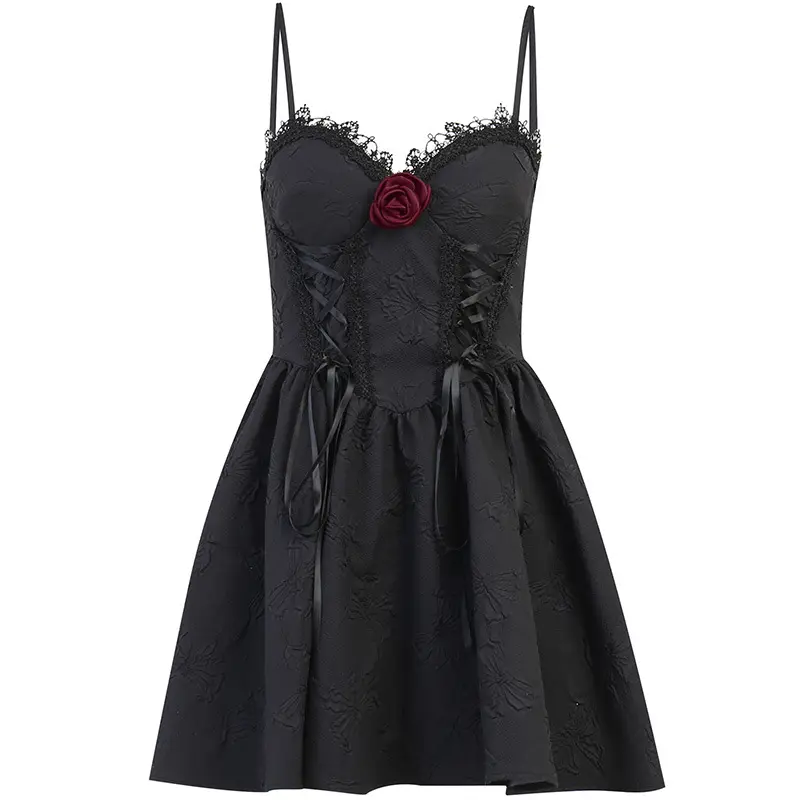 Wholesale Good Quality Rose Flower Goth Lolita Dress Black Lace Strap Dress Goth Lolita Clothing For Goth Girls