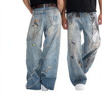 Jean droit en denim délavé mi-bleu pour homme, style streetwear américain, taille mi-haute, imprimé 3D, décontracté, 100 % coton, haute qualité, collection printemps