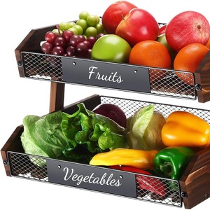 Étagère de rangement double couche en bois massif, style minimaliste moderne, pour fruits, légumes et assaisonnements de cuisine ; multifonctionnelle pour bureau. - Product Image 1