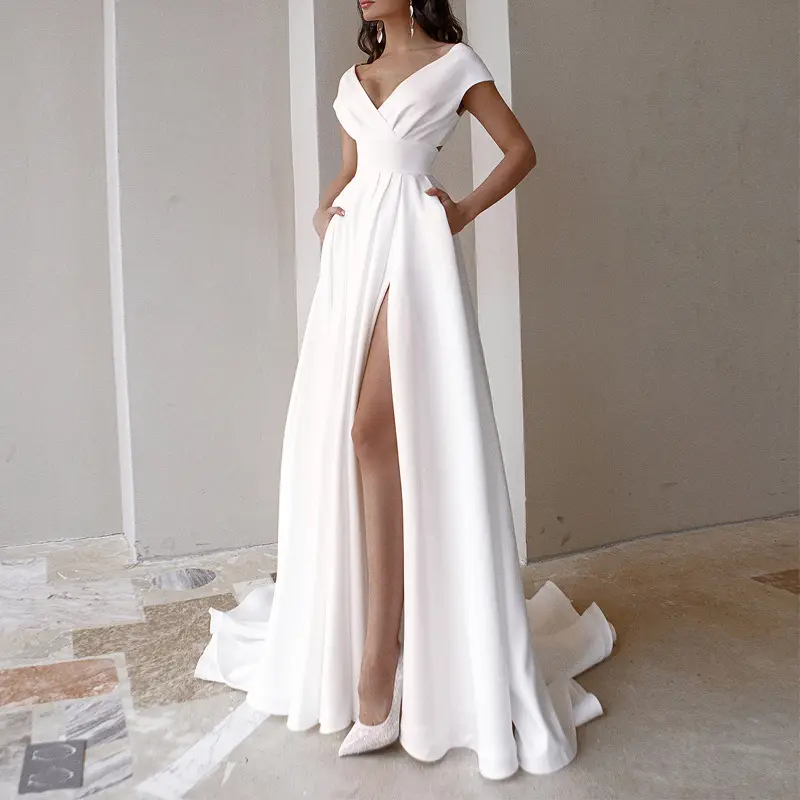Baru kedatangan elegan bergaya seksi gaun pernikahan wanita Backless V leher Maxi panjang lantai gaun pernikahan putih