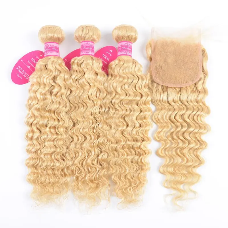 100% Natural Indian Temple Human Hair Wholesale 613 Deep Wave Brazilian Hair Weave Bundles 613 Blonde Hair Bundles With Frontal