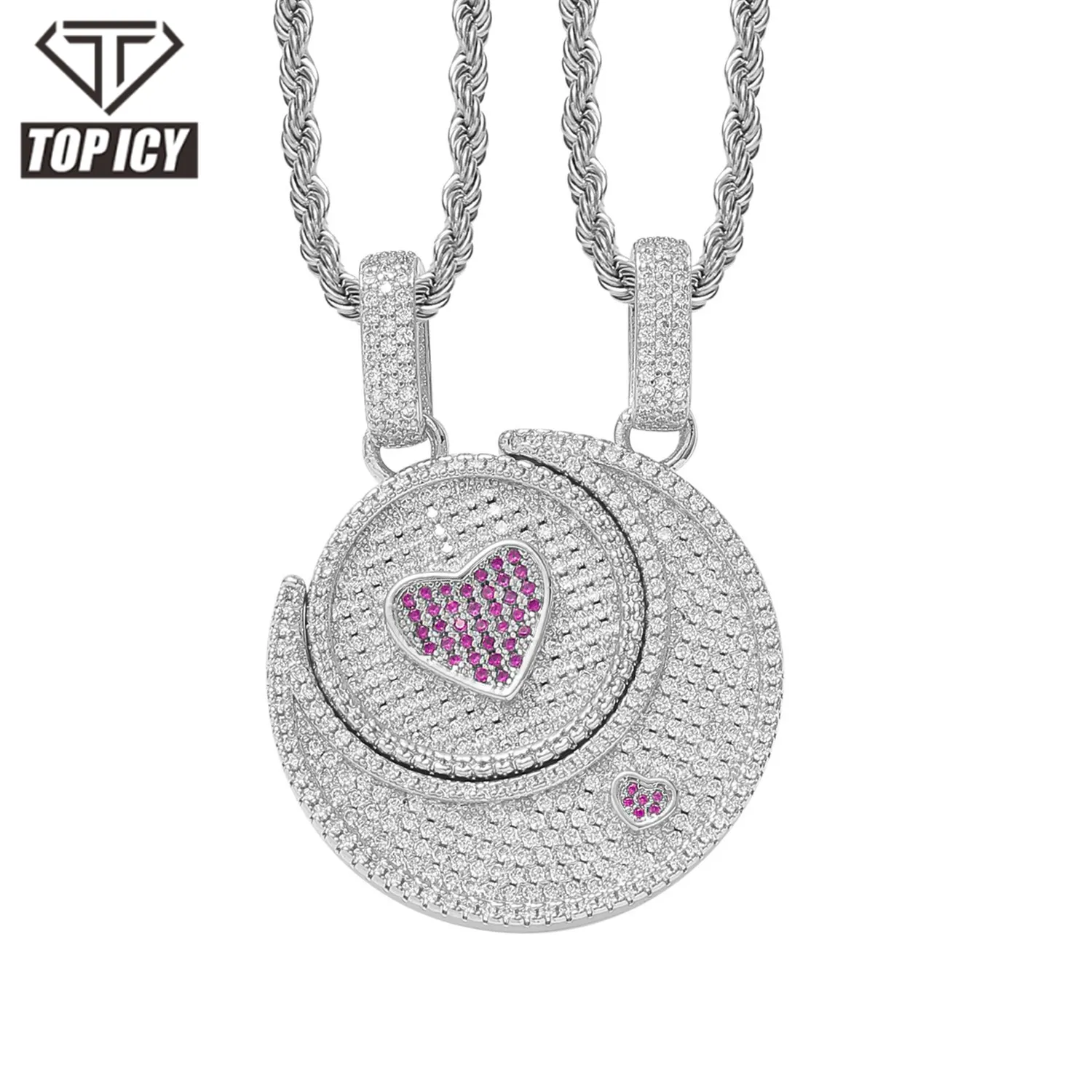 Top Icy Hip Hop Jewelry Iced Out Full Diamond Two in One Pendant 3A CZ Gold Plated Sun&Moon Necklace For Lovers