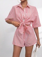 Vêtements pour femmes européennes et américaines, printemps et été, nouvelle mode, col à revers, rayé, manches courtes, shorts, ensemble décontracté deux pièces