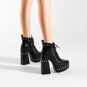 Bottines à lacets en <span class=keywords><strong>cuir</strong></span> de vache pour <span class=keywords><strong>femme</strong></span> Moncheer, plateforme cloutée, talon haut épais, style gothique punk, bottines tendance - Product Image 2