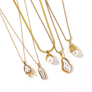 Collar de acero inoxidable y titanio con imitación de perlas, chapado en oro de 18k, estilo oceánico, diseño geométrico para mujer, uso diario. - Product Image 4