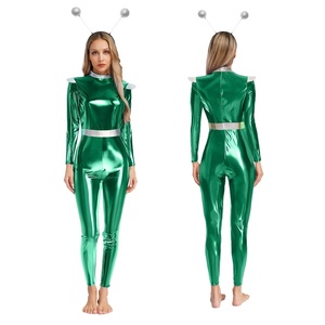 Costume Alien Femme, Combinaison Métallique Liquide, Manches Holo Brillantes, Bandeau Antenne, Tenue Futuriste pour Rave et Spectacles Scéniques, Personnalisable - Product Image 4