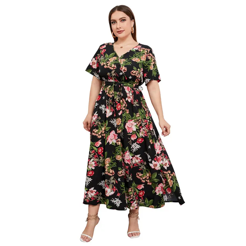 Nieuwe Hoge Taille V-Hals Midi-Jurk Plus-Size Zwart Sexy Jurk Met Temperament En Print 1xl ~ 5xl