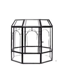 Dekor altın siyah teraryum vazo konteyner, toptan pirinç teraryum cam geometrik masa vazo düğün geometrik veya özel
