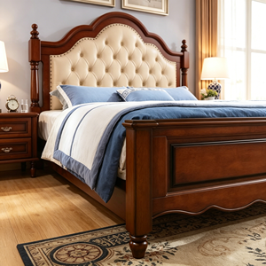 Traditional Mahogany Queen Size Upholstered Bed Frame with Faux Leather Headboard and Wood Construction - Product Image 3