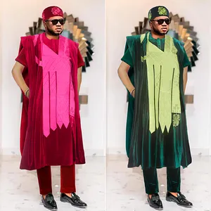 एच एंड डी फैशन पुरुषों बागे के लिए 3 टुकड़े सेट मखमल Dashiki पहनने के साथ अफ्रीकी मखमल कपड़े टोपी