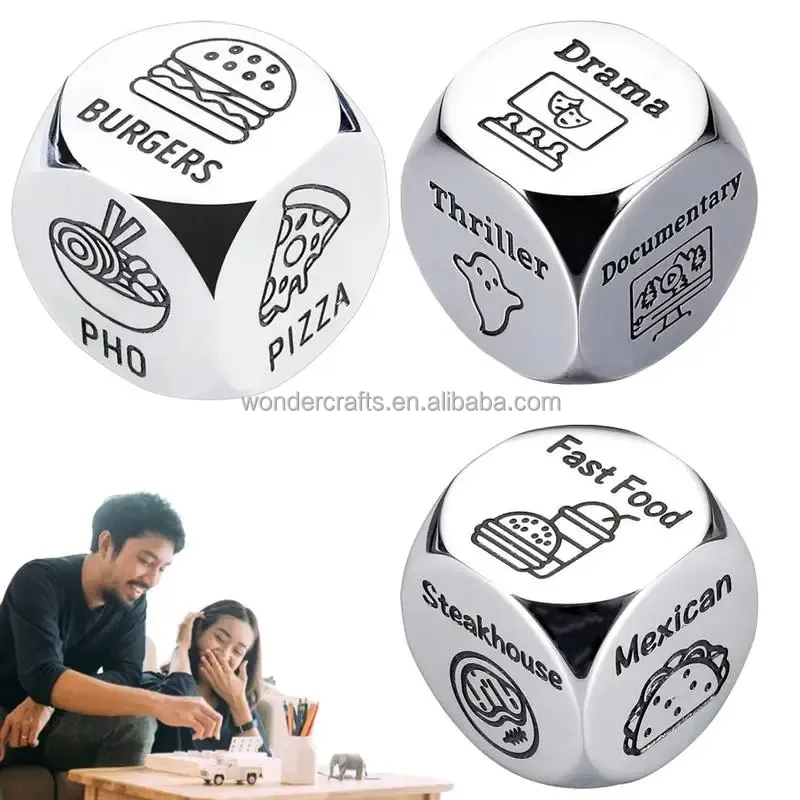 WD Meal Decision Dice Metal Decider For Date Night Small Couple Portable Choice Men Women Laser Etching Metal Dice
