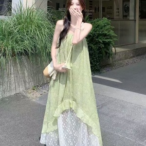 French Style Sweet Light Green Floral Print Sundress Strapless Long Dress For Holiday Celebration Casual Wear - Product Image 1