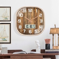 Jam Dinding Motif Kayu 12 Inci Dekorasi Rumah Ruang Tamu Jam Sederhana Kreatif Tanpa Suara Dengan Layar LCD Penunjuk Suhu dan Kelembapan CE