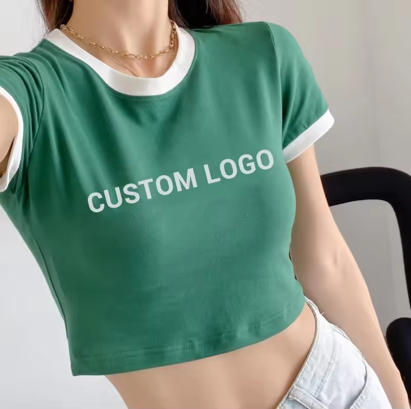 Women's T-Shirt O-Neck Slim-Fit Contrast Color Wrap Edge Cotton Short Sleeve Heavyweight Breathable Short T-Shirt