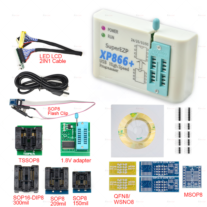 XP866 USB SPI Programmer Full Set + 15 Adapter Sop8/16 Support 24 25 93 95 EEPROM Flash Bios Minipro