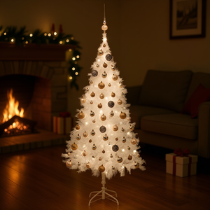 Árbol de Navidad Artificial de PVC Blanco de 59.1 Pulgadas Preiluminado con Juego de Bolas, Luces LED Cálidas, Base para Interior, Fácil Instalación - Product Image 2