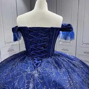 Jancember LSMU156 Abito da Ballo 'Notte Stellata' con Spalle Scoperte, Ampio Volume, per Ballo di Fine Anno e Quinceañera, Blu Scuro Glitterato - Product Image 6