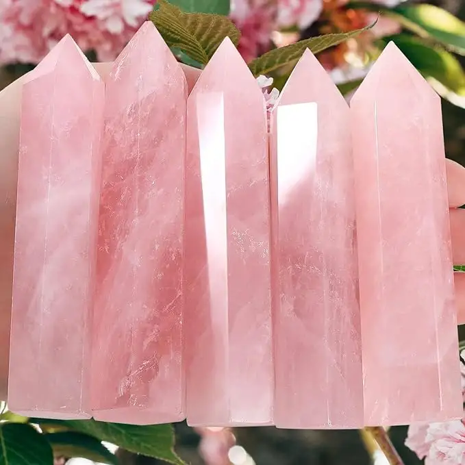 Varinhas de cristal de quartzo rosa curativas para polimento, pedra de torre de energia Reiki natural, pedra de cristal grande ponta hexagonal, pedras preciosas para decoração