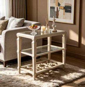 Cream <b>White</b> 3-Tier Glass Top End <b>Table</b> Living Room Accent Side <b>Table</b> with Lattice Shelf - Product Image 5
