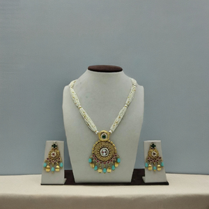 Traditional Indian Pearl <b>Necklace</b> <b>Set</b> with Gold Pendant Green Red Stones and Matching Earrings Ethnic Bridal Jewelry - Product Image 4