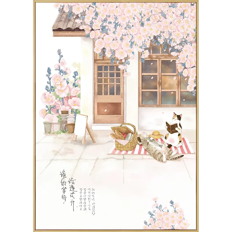 modern sakura flower and cat wall art picture print on wood japanese decorative painting the living room