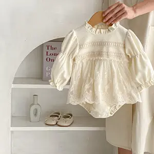 Оптовая продажа, Осенняя детская вафельная кружевная юбка с длинным рукавом, однотонные Комбинезоны для маленьких девочек