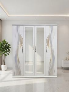 Armario Moderno Minimalista de Acero con 4 Puertas, Panel de Espejo con Impresión Abstracta de Ondas Doradas, <span class=keywords><strong>Mueble</strong></span> Metálico para Dormitorio - Product Image 6