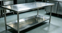 Table de travail mobile de laboratoire en acier inoxydable à deux niveaux avec étagère inférieure, plan de travail de cuisine à 4 roues, revêtement auto-nettoyant anti-corrosion