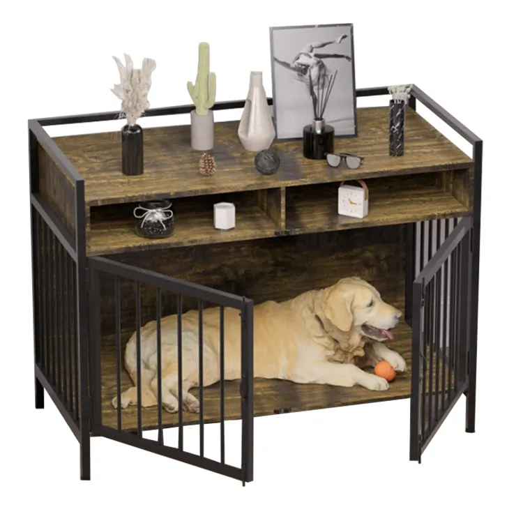 新しいデザインの犬用ケージハウス屋内ペット家具犬用犬小屋ケージ木製犬用ケージ木製テーブル
