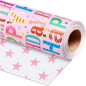 Pink Birthday Wrapping Paper Roll 17in x 16.5ft Double Sided Colorful Letters Stars Reversible Gift <b>Wrap</b> - Product Image 1