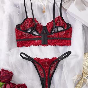 Французский сексуальный женский комплект бюстгальтера с легким управлением, тонкие губчатые ремни и дышащее кружевное нижнее белье с низкой талией - Product Image 3