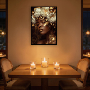 Peinture sur toile abstraite moderne de femme noire avec feuille d'or, art mural glamour de dame américaine pour la décoration du salon et de la chambre - Product Image 2