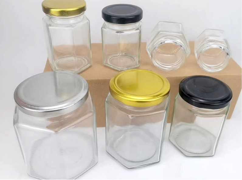 In Stock 45ml 60ml 85ml 100ml 180ml 280ml 380ml 580ml 730ml Hexagonal Shape Glass Storage Canister Jars for Jam Honey