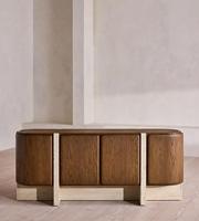 Buffet en chêne et travertin de style Mid-Century, armoire de rangement incurvée à 4 portes, meuble TV en bois massif pour villa, hôtel de charme