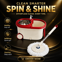 Set Mop dan Ember Putar Merah Cream dengan Roda, Kepala Mop Mikrofiber 360 Derajat, Keranjang Pemeras Baja, Gagang Teleskopik