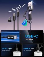 Cable de Carga Rápida LISEN de 240 W, 2 en 1, Adaptador de Cable USB A a USB C, Cable Tipo C para MacBook Air Pro, iPhone 17, 16, 15, Laptop, PC