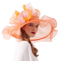 Großhandel Haarschmuck Kirche Frühling und Herbst Frauen Braut Party Feder Spitze Große Blume Breite Krempe Fedora Mädchen Organza Hut