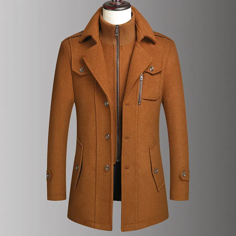 New Autumn Winter Men's Double Collar Woolen Warm Long Coat Plus Size Windproof Jacket for Men M-4XL Grey Black Khaki