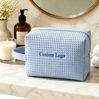 Bolsa de Maquillaje de Algodón Tipo Waffle Rosa Pálido con Logotipo Personalizado, Bolsa de Aseo de Viaje de Gran Capacidad para Mujer, Bolsa de Lavado Portátil al por Mayor