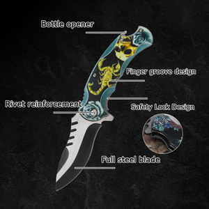 Navaja Plegable para Exteriores, Navaja de Bolsillo de Acero Inoxidable con Hoja de Punta Caída, Borde Dentado y Mango con Diseño de Calavera - Product Image 2