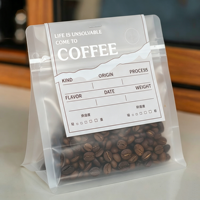 Sac d'emballage pour grains de café personnalisé, imprimé, recyclable, compostable, mat, transparent, givré, à fond plat, avec valve et fermeture éclair