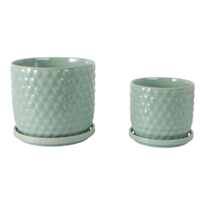 Maceta de Cerámica con Plato para Plantas de Interior, Decoración del Hogar, Dormitorio, Entrada, Diseño Verde con Hoyuelos - Product Image 1