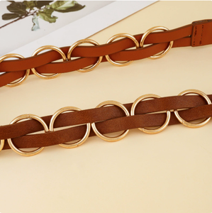 Ceinture élégante 3,8 cm x 105 cm en similicuir suédé marron avec anneaux dorés entrelacés et boucle à plaque pour robes taille haute - Product Image 4