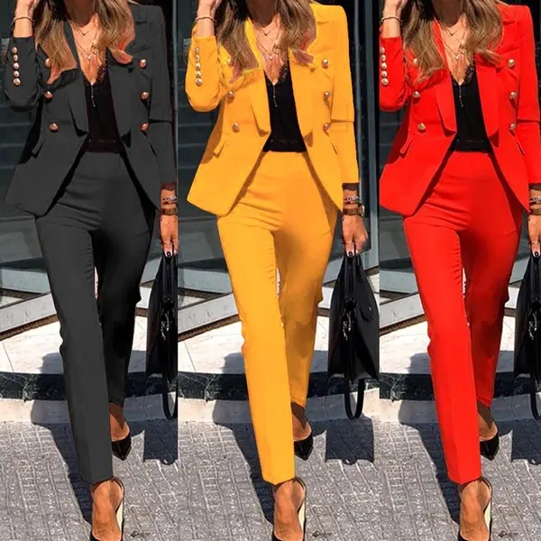 New Arrival Women's Fashion Two-piece Casual Suits Blazer and Pants Set Office Lady Clothing Solid Color Plus Size